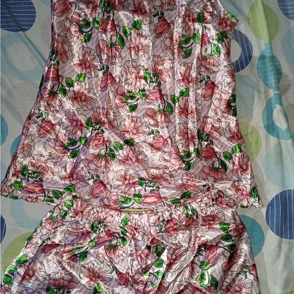 Satin Pajama & robe Set with Pink Floral Design